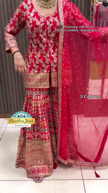 Heavy Embroidered Sharara Set – Red, Navy Blue, Teal