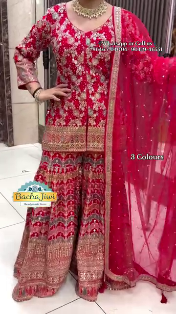 Heavy Embroidered Sharara Set – Red, Navy Blue, Teal