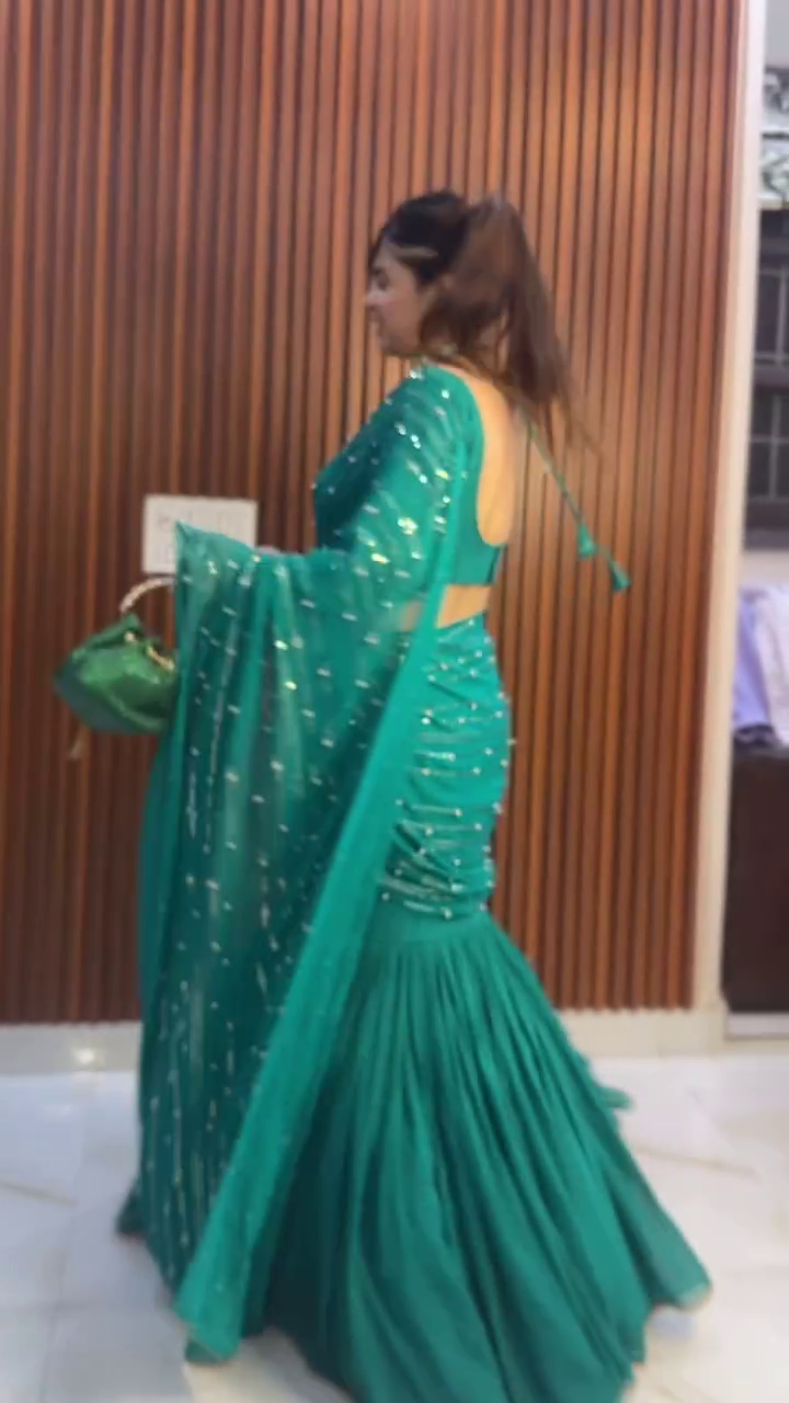 Bottle Green Ruffle Saree Gown with Sequin Detailing
