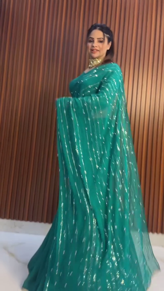 Bottle Green Ruffle Saree Gown with Sequin Detailing