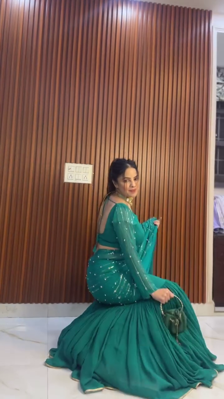 Bottle Green Ruffle Saree Gown with Sequin Detailing