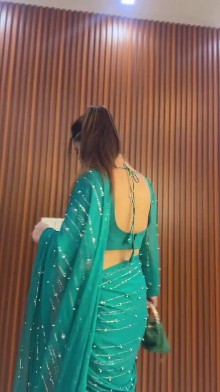 Bottle Green Ruffle Saree Gown with Sequin Detailing