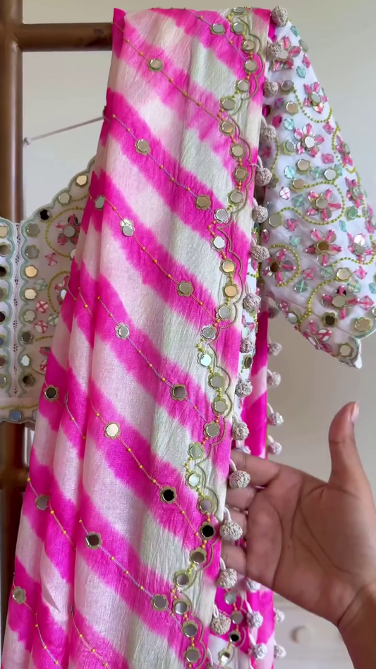 Pink Bandhani Mirror Work Lehenga Set with Embroidered Blouse