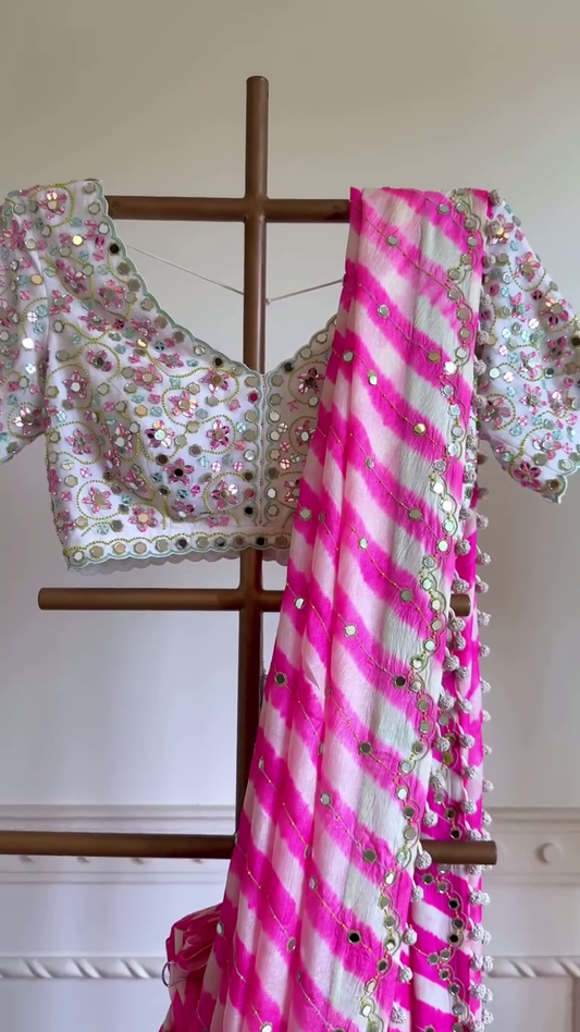 Pink Bandhani Mirror Work Lehenga Set with Embroidered Blouse