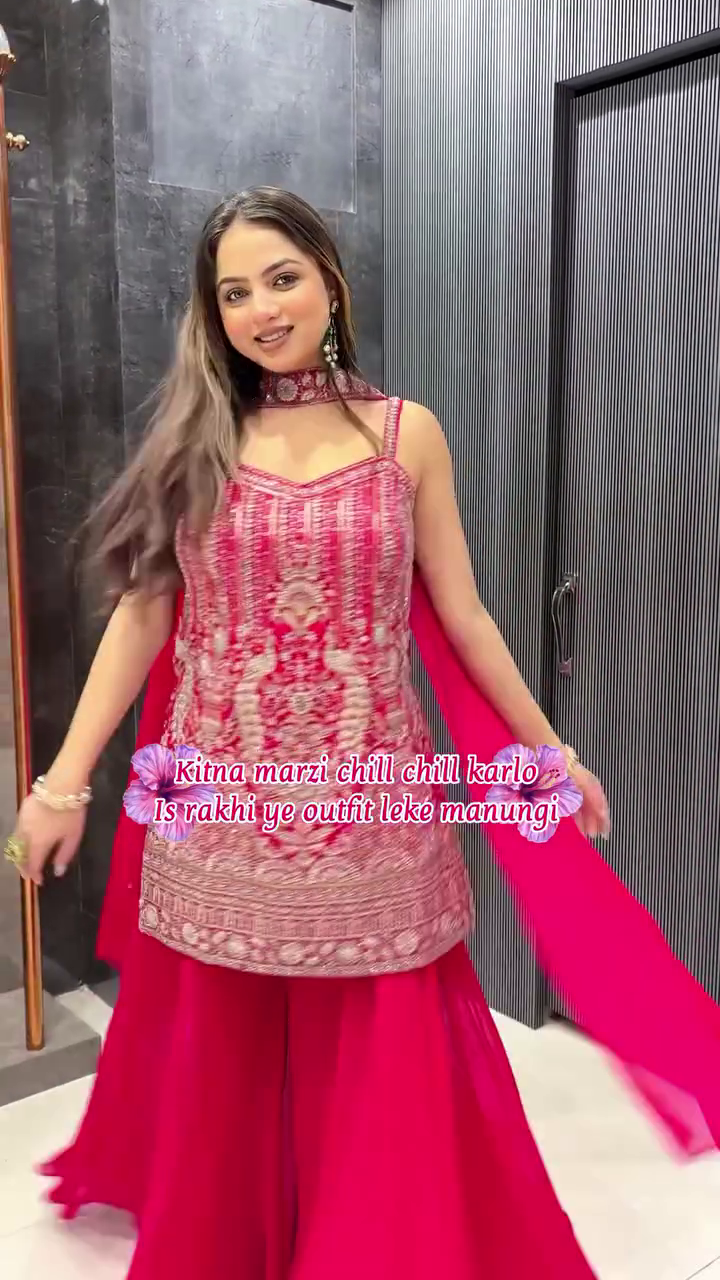 Hot Pink Heavy Embroidered Sharara Suit with Net Dupatta