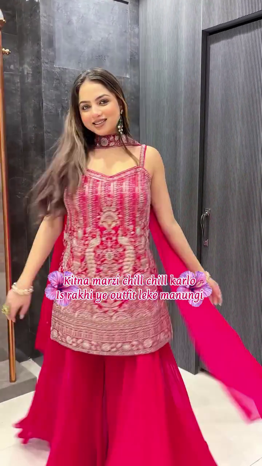 Hot Pink Heavy Embroidered Sharara Suit with Net Dupatta