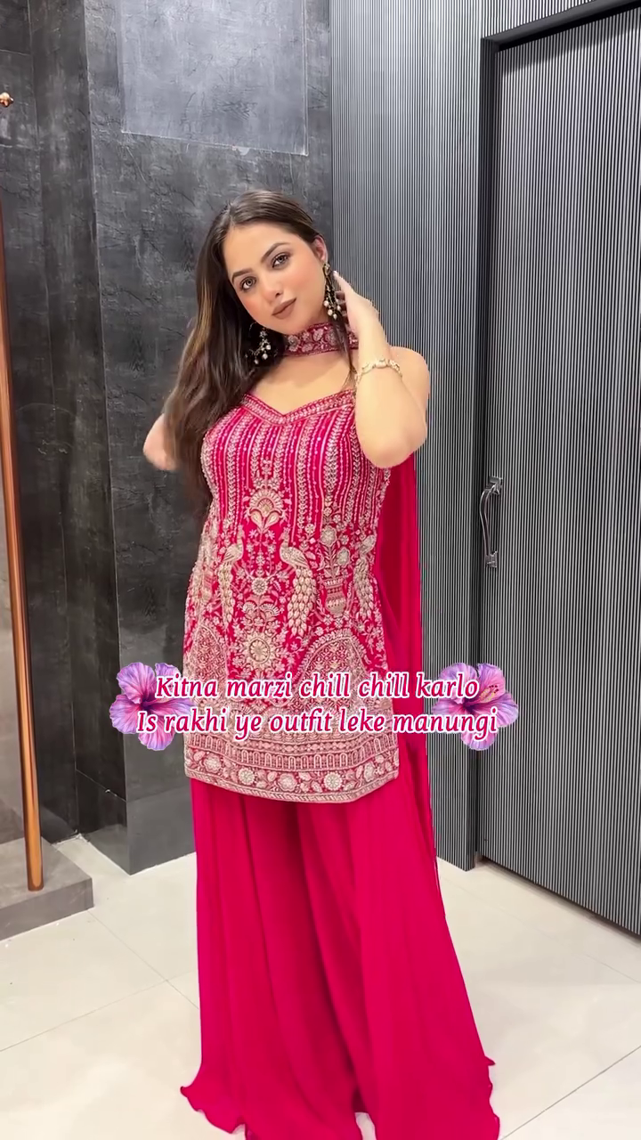Hot Pink Heavy Embroidered Sharara Suit with Net Dupatta