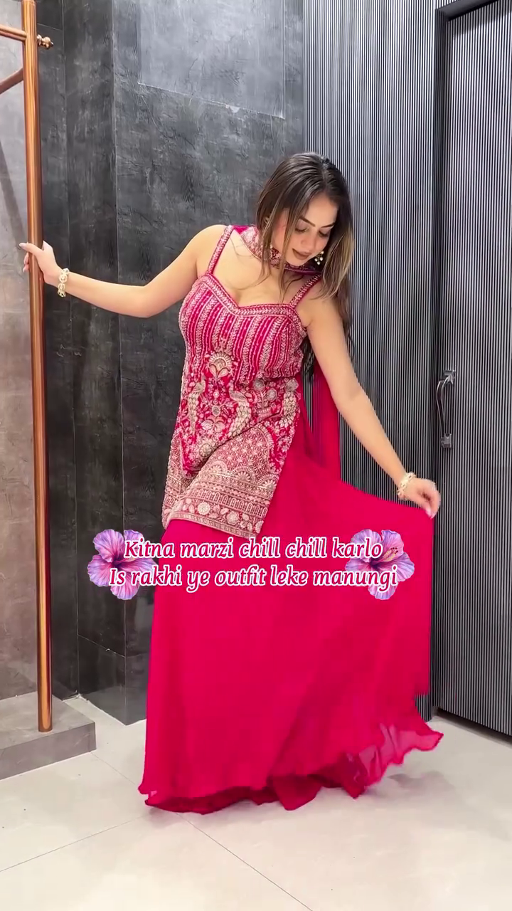 Hot Pink Heavy Embroidered Sharara Suit with Net Dupatta
