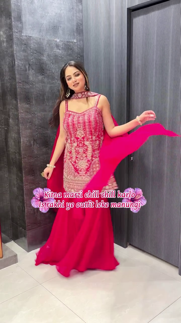 Hot Pink Heavy Embroidered Sharara Suit with Net Dupatta