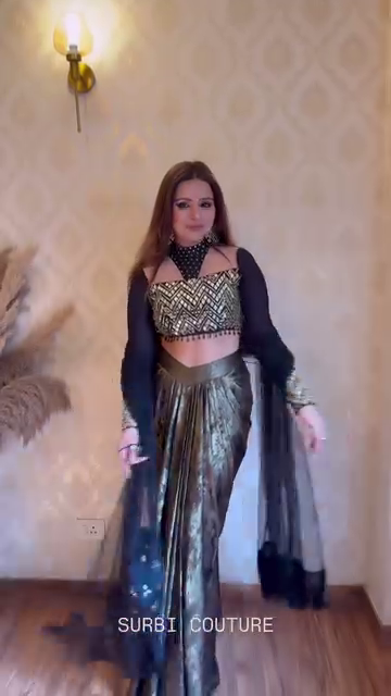 Black & Metallic Gold Draped Skirt with Embroidered Crop Top and Sheer Cape