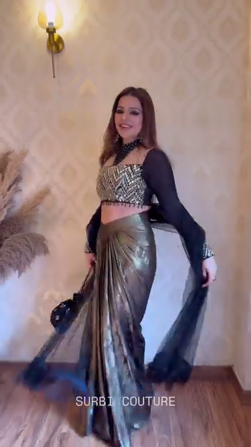 Black & Metallic Gold Draped Skirt with Embroidered Crop Top and Sheer Cape