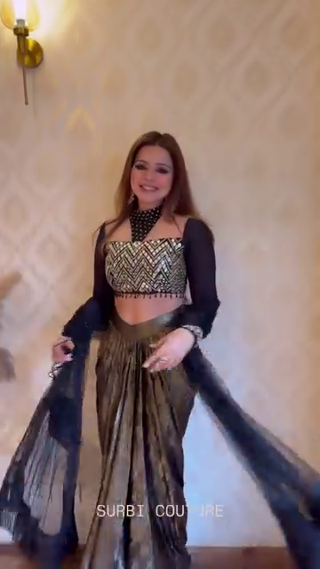 Black & Metallic Gold Draped Skirt with Embroidered Crop Top and Sheer Cape