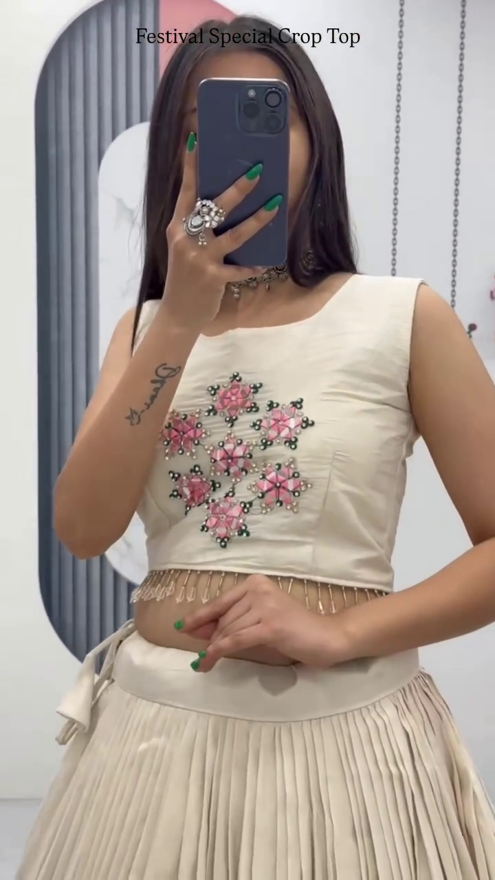Off-White Embroidered Crop Top with Pleated Silk Lehenga – Festival Special