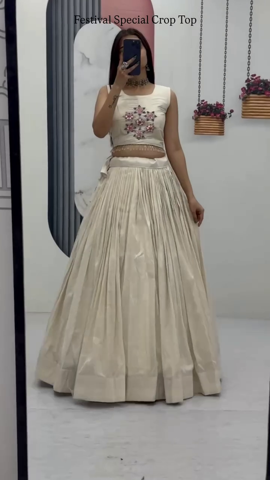 Off-White Embroidered Crop Top with Pleated Silk Lehenga – Festival Special