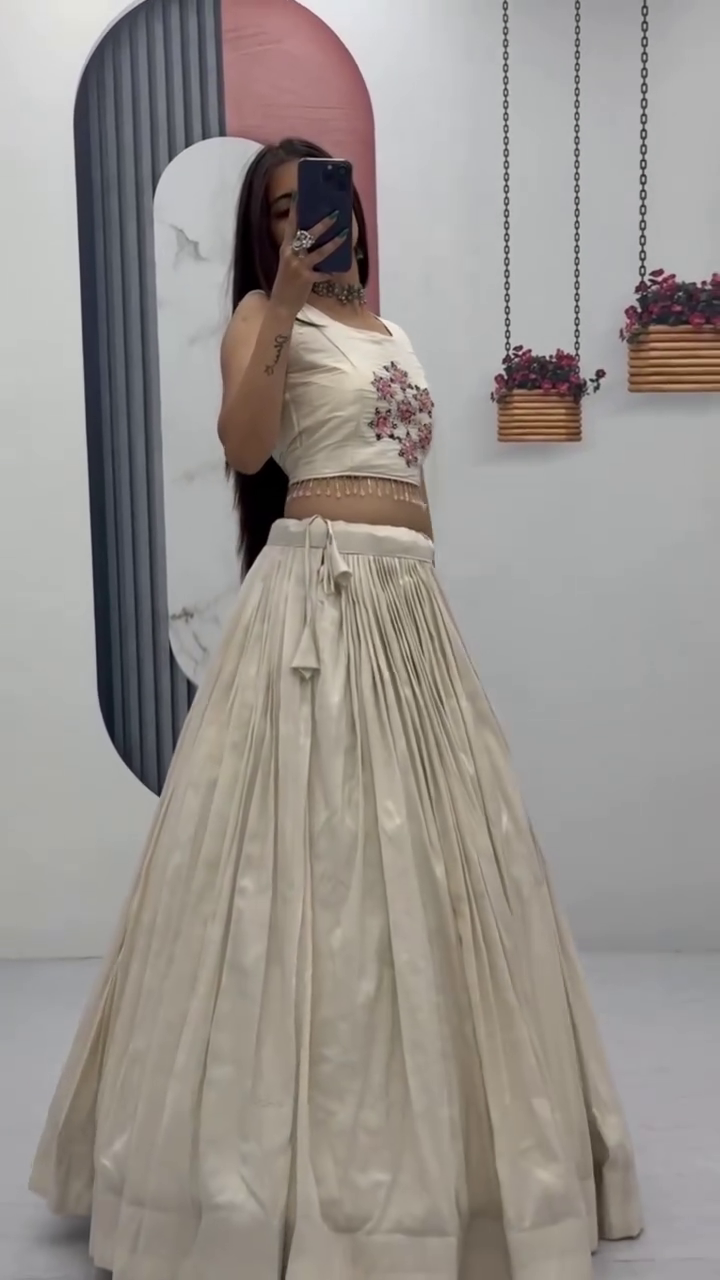 Off-White Embroidered Crop Top with Pleated Silk Lehenga – Festival Special