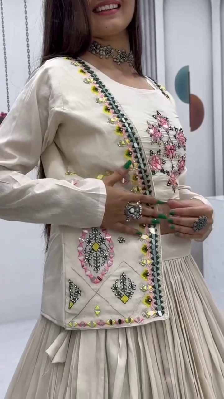 Off-White Embroidered Crop Top with Pleated Silk Lehenga – Festival Special