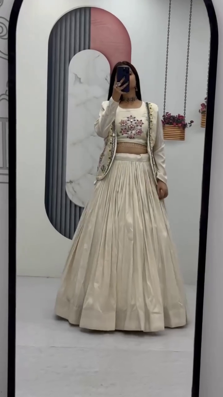 Off-White Embroidered Crop Top with Pleated Silk Lehenga – Festival Special
