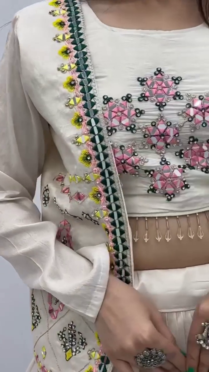 Off-White Embroidered Crop Top with Pleated Silk Lehenga – Festival Special
