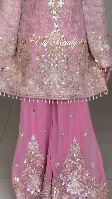 Eid Special Pink Embroidered Sharara Suit with Mirror & Zari Work