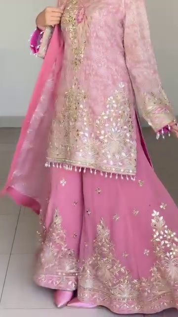 Eid Special Pink Embroidered Sharara Suit with Mirror & Zari Work