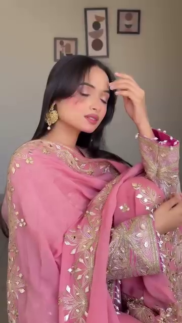 Eid Special Pink Embroidered Sharara Suit with Mirror & Zari Work