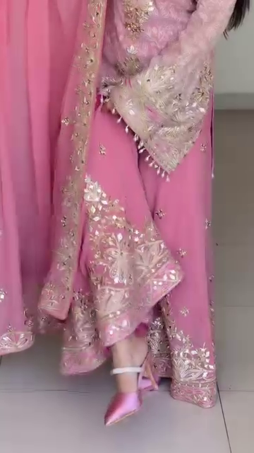Eid Special Pink Embroidered Sharara Suit with Mirror & Zari Work