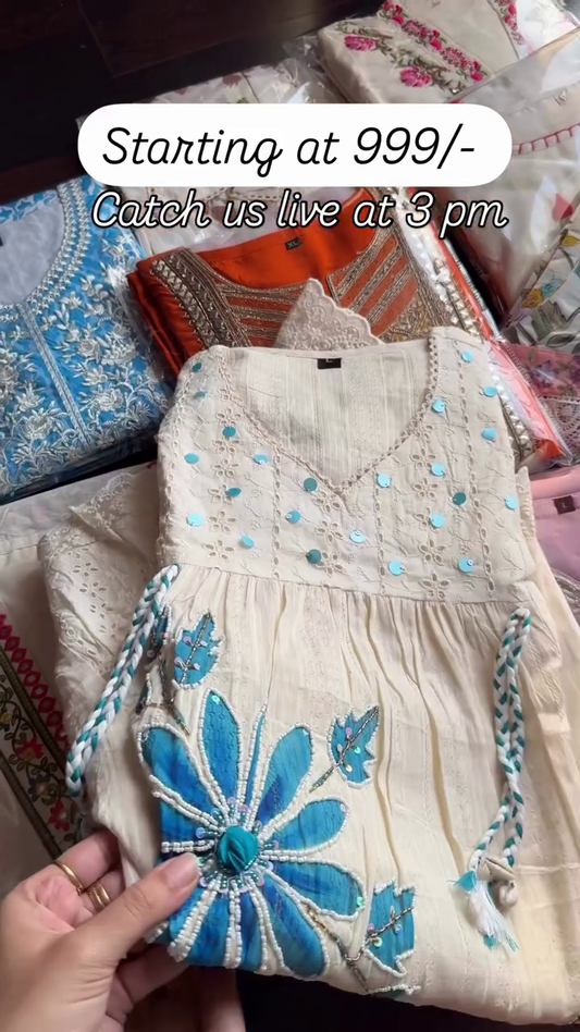 Floral Printed Cotton Suit Set with Embroidered Neckline