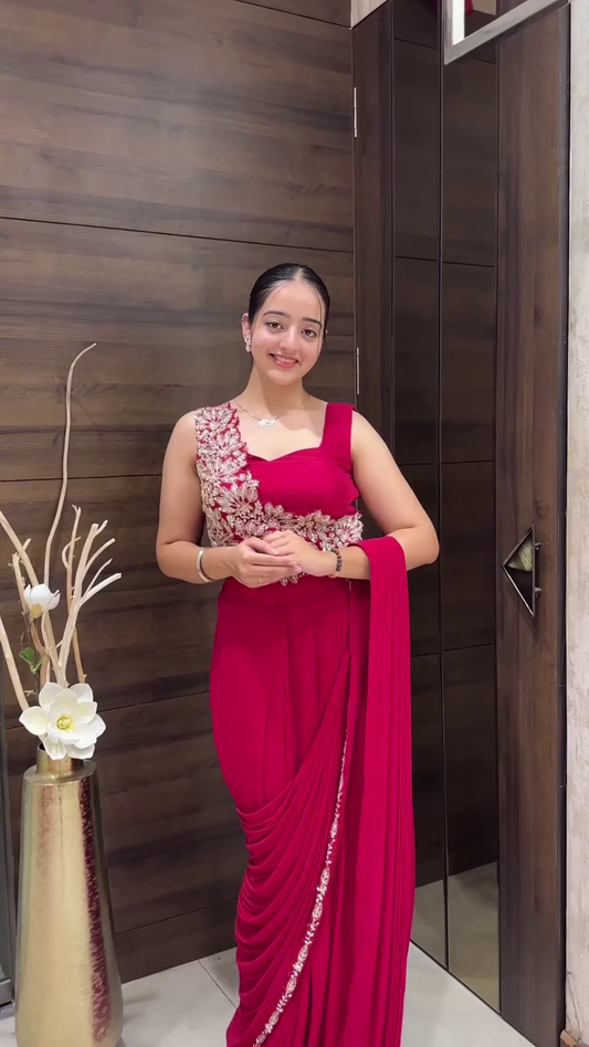 Designer Draped Saree Gown with Embroidered Waist Detail