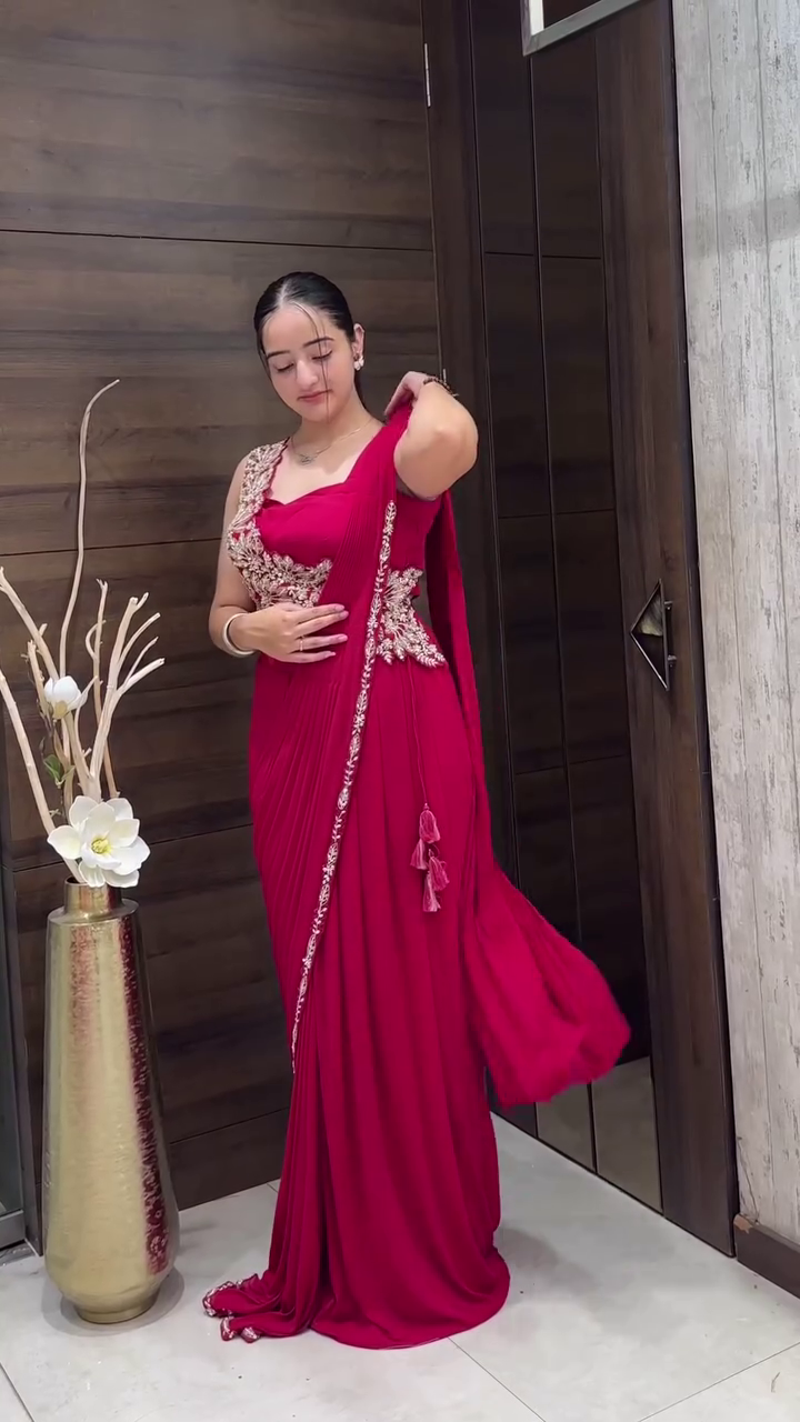 Designer Draped Saree Gown with Embroidered Waist Detail