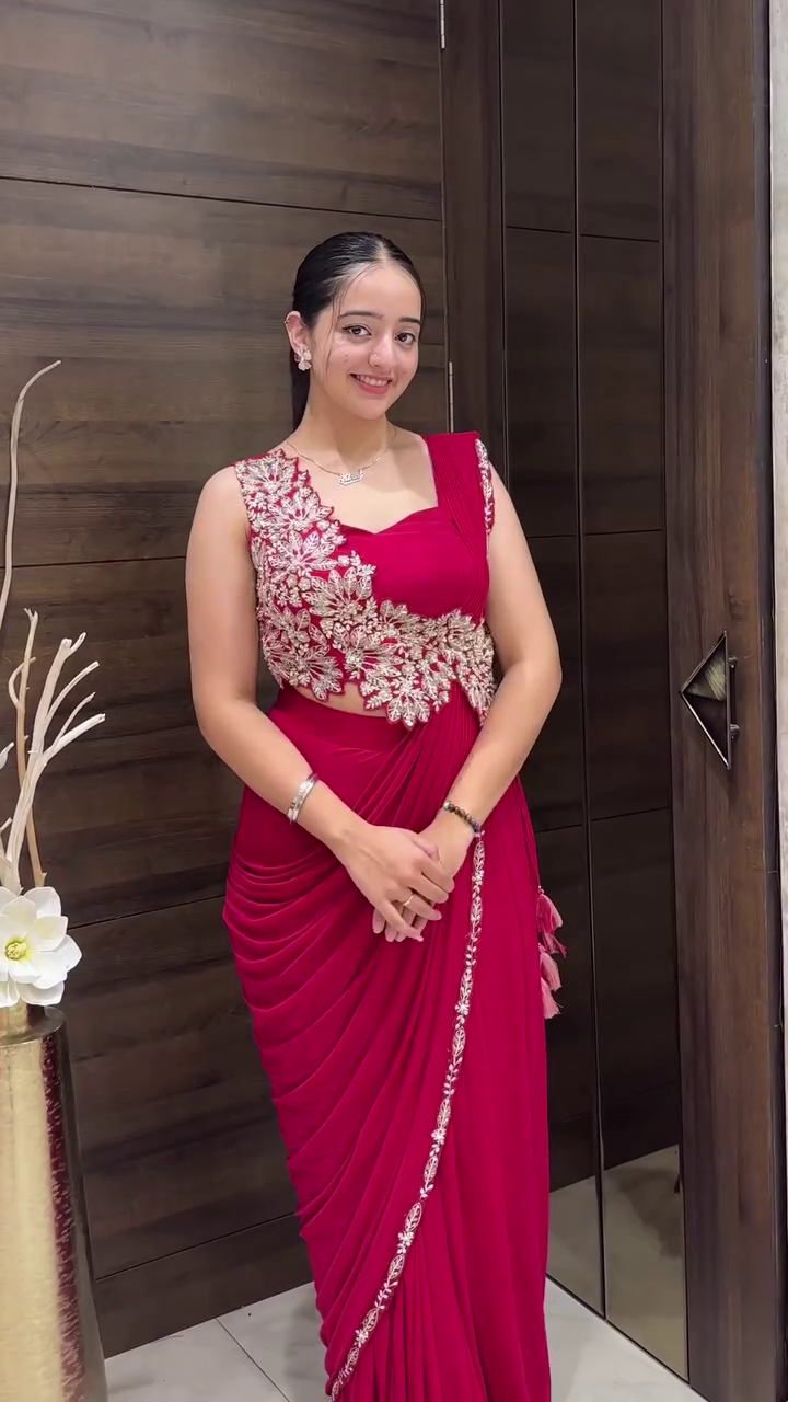 Designer Draped Saree Gown with Embroidered Waist Detail
