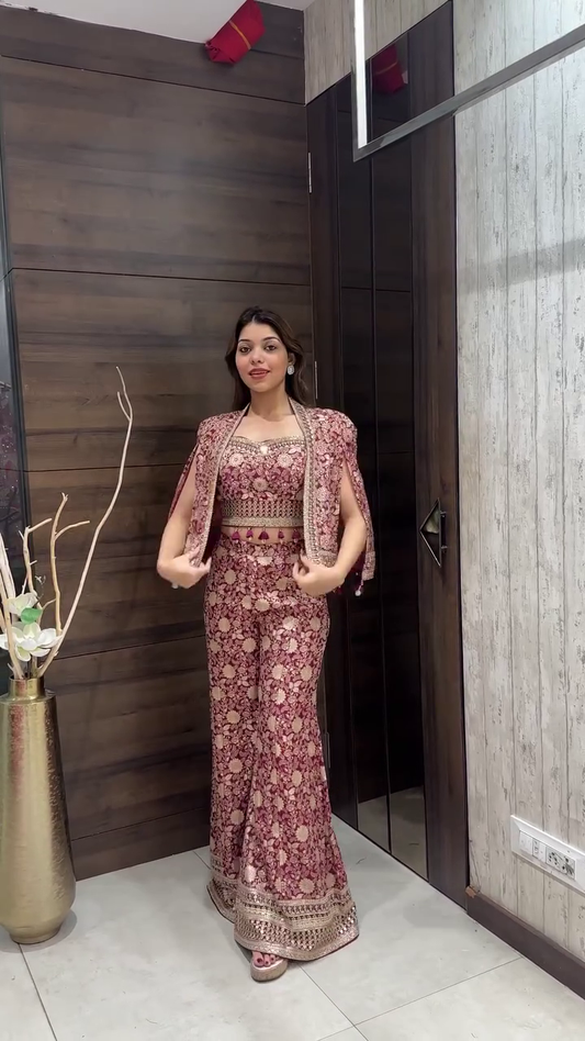 Designer Embroidered Sharara Set with Cape Jacket
