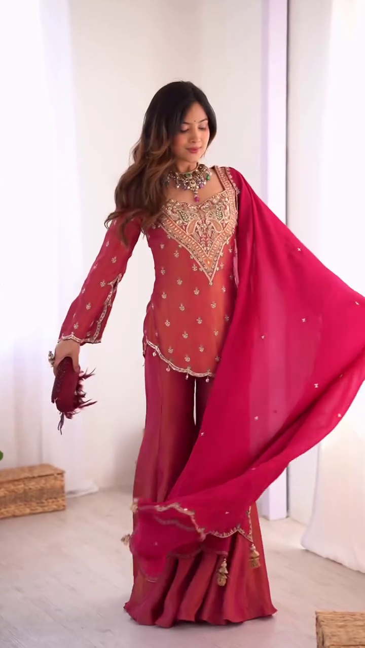 Embroidered Sharara Suit Set with Dupatta