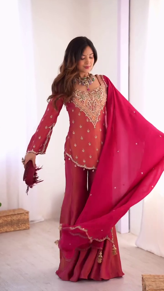 Embroidered Sharara Suit Set with Dupatta