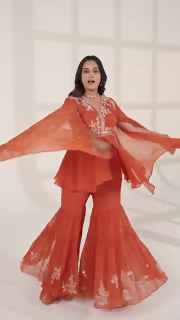 Burnt Orange Cape Style Sharara Set with Embroidery