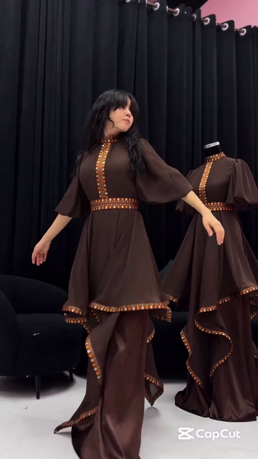 Chocolate Brown Indo-Western Flared Kurta Set