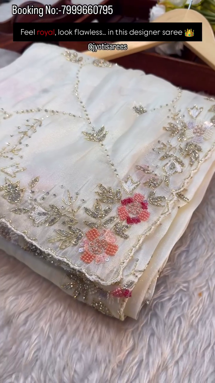 Ivory Pearl Floral Embroidered Designer Saree