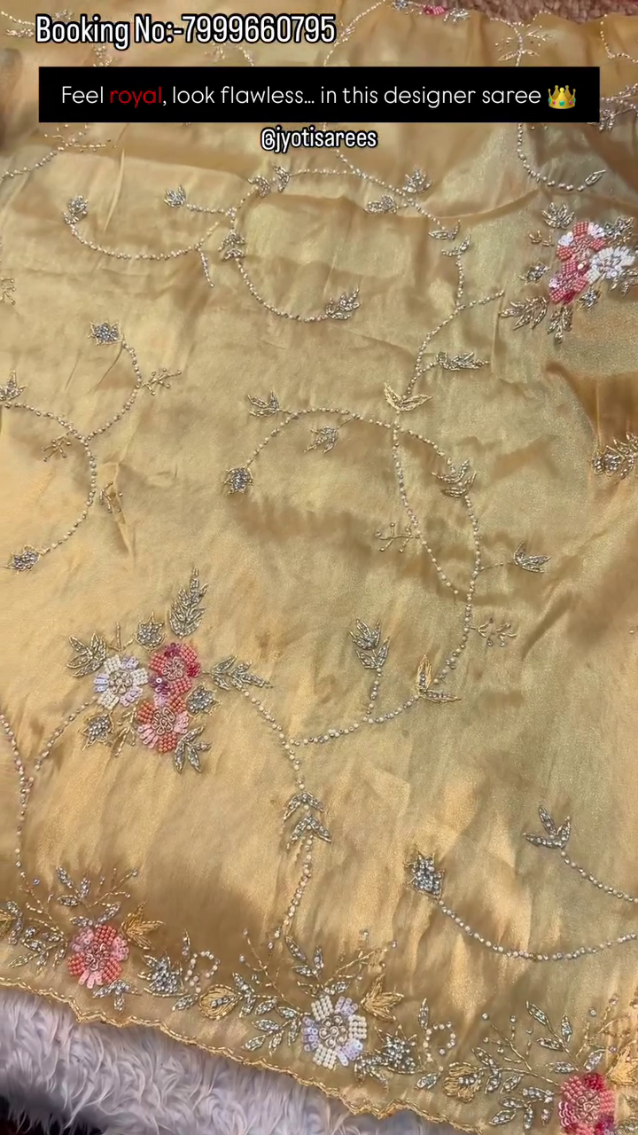 Ivory Pearl Floral Embroidered Designer Saree