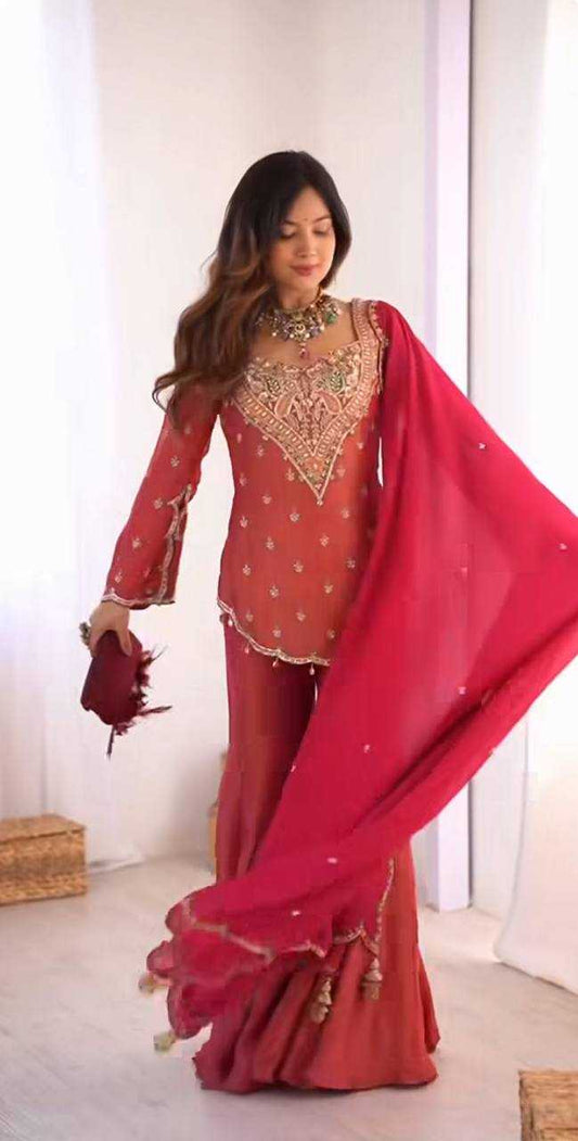 Coral Pink Embroidered Sharara Suit