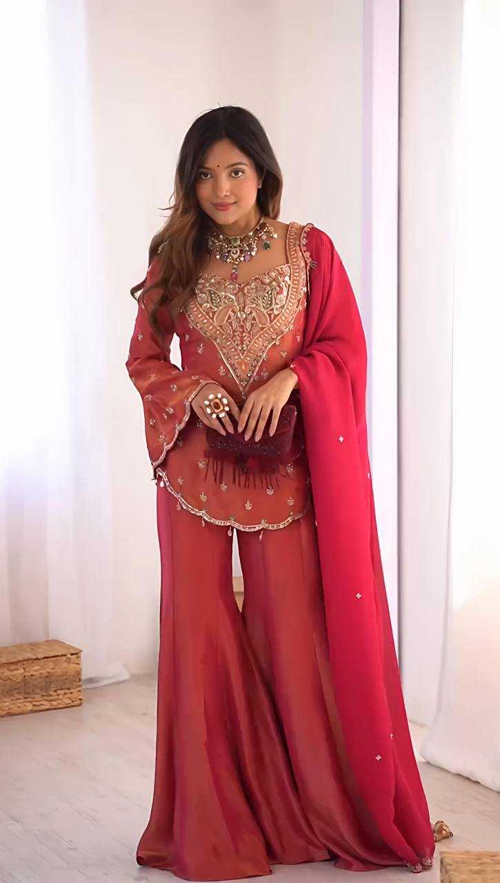 Coral Pink Embroidered Sharara Suit
