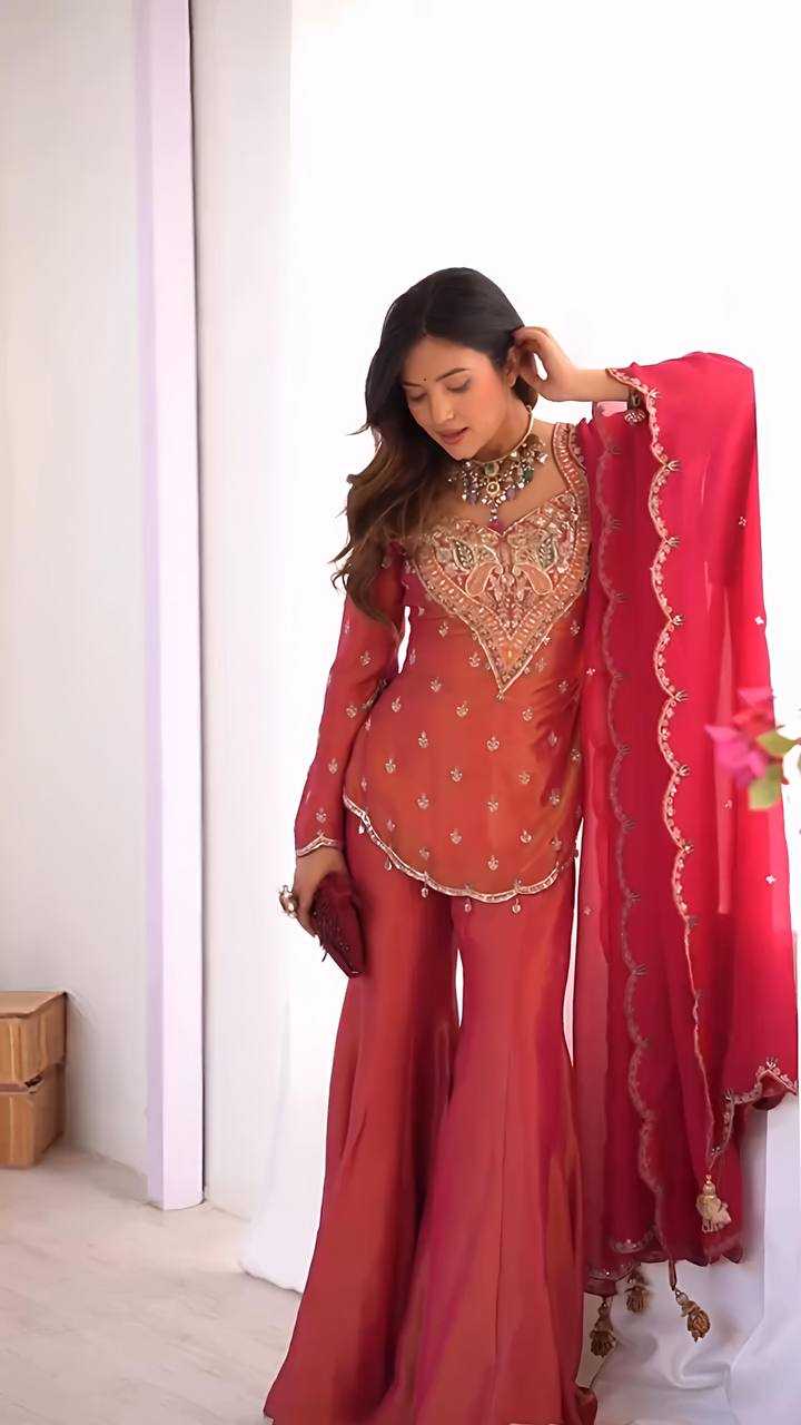 Coral Pink Embroidered Sharara Suit