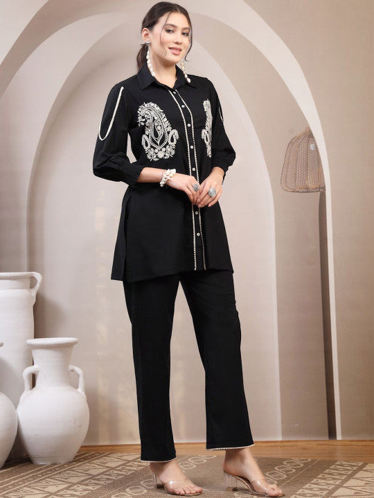 Black and White Embroidered Tunic and Trouser Set
