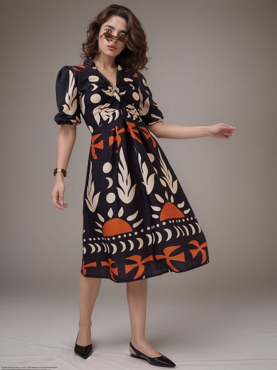 Black Abstract Sun & Leaf Print A-Line Midi Dress